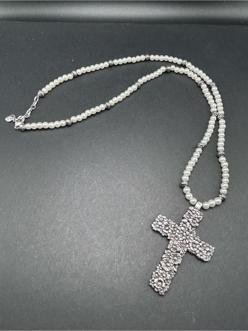Brighton Large Lola Cross Flower Pearls Silver Plate Pendant Beaded Necklace 32"